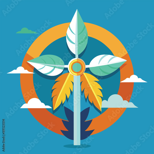 Wind turbine with sharp blades as stylized wings, representing clean energy, innovation, and environmental protection, futuristic illustration.