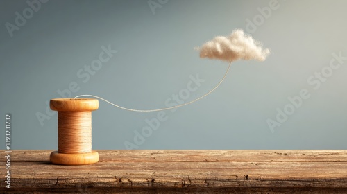 Wooden Spool with Thread Leading to Cotton Cloud Surreal Illustration