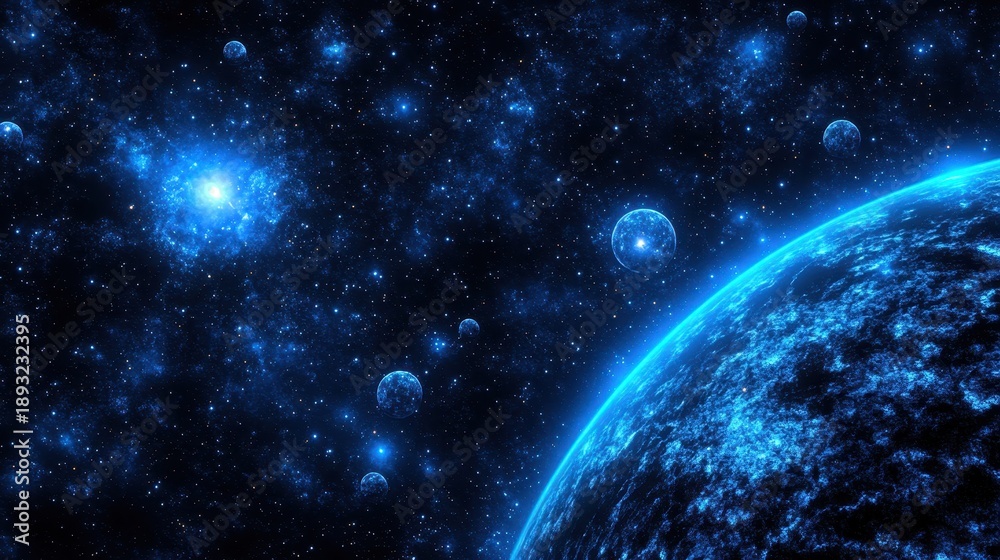 Obraz premium Vibrant blue planet with numerous glowing celestial bodies and stars in a dark endless universe