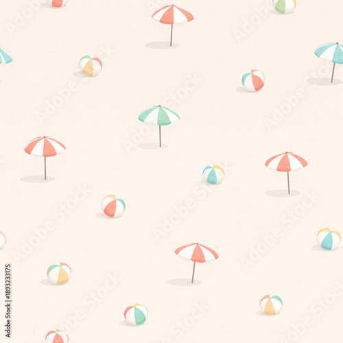Seashore Pattern: A sunny beach scene, pattern of beach umbrellas and beach balls. This cheerful design evokes feelings of summer leisure and relaxation.