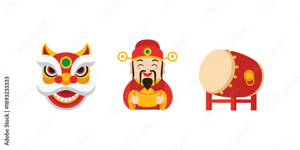 Fototapeta premium Chinese New Year icon set featuring traditional lion dance mask, God of Wealth character, and festive drum in flat colorful vector style, isolated on white background.