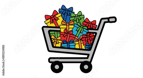 Colorful Gift‑filled Shopping Cart Illustration on White Background – Black Line Graphic Showcasing Bows and Wrapped Presents