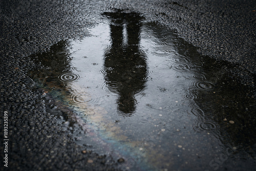 Reflection of Self in Rain: A mysterious silhouette of a person is mirrored in a rain-filled puddle, creating a moment of contemplation, darkness, and self-reflection.