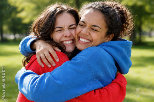 Embracing Joy: Two friends sharing a tender moment, intertwined in a hug, radiate genuine smiles and an aura of mutual support.