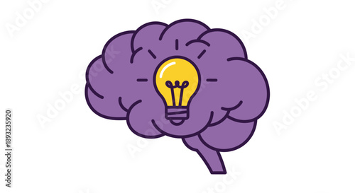 Cartoon Brain Illuminated by a Yellow Lightbulb, Radiating Creative Inspiration in a Simple Purple Design
