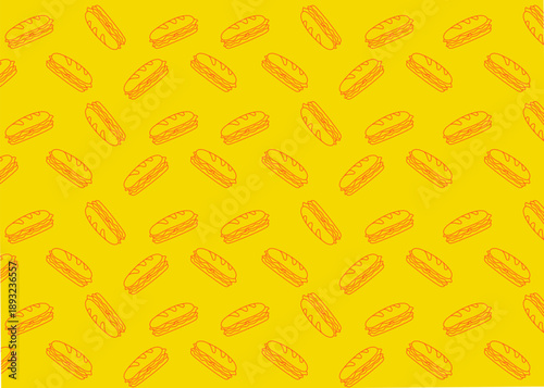 A Sandwich illustration pattern with orange outline and yellow background, food packaging, menu illustration hand drawn print ads, food business, restaurant