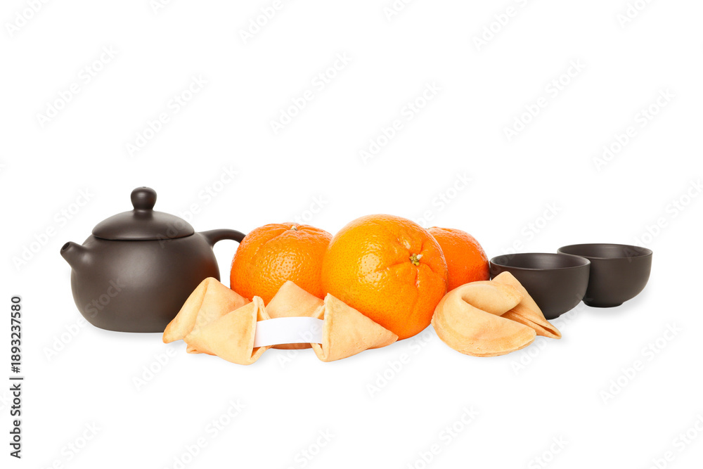 Fototapeta premium Teapot with oranges and fortune cookies, isolated, PNG
