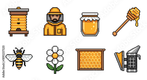 Pixel art beekeeping icons set honey, bee, beekeeper, hive, smoker