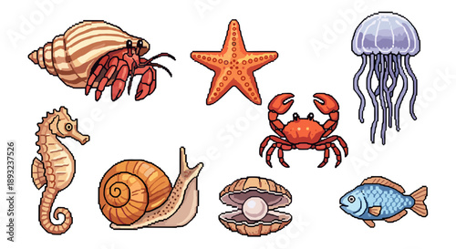 Cartoon pixel art sea creatures collection