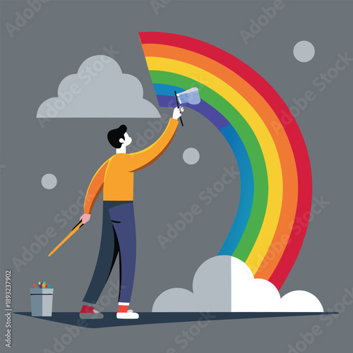 Artist painting a vibrant rainbow on a gray wall, symbolizing hope, creativity, and bringing color to a dull world.