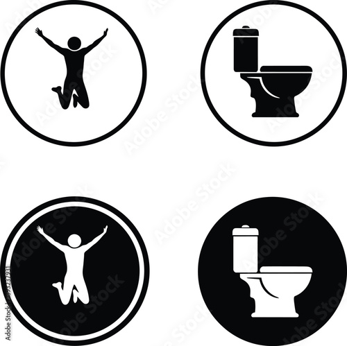 Collection of Minimalist Black and White Vector Icons Depicting a Jubilant Person and a Modern Toilet Appliance