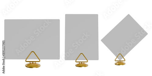 3d render card holders with blank grey cards in landscape, portrait, and angled views. Minimalist table number or menu mockup
