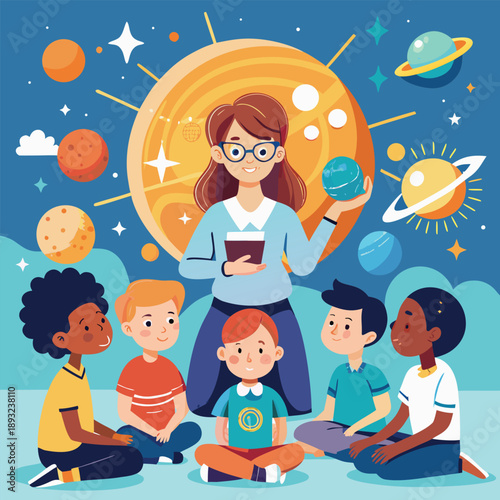 Teacher holding the sun while students look up, symbolizing knowledge, inspiration, and education, creative concept illustration.