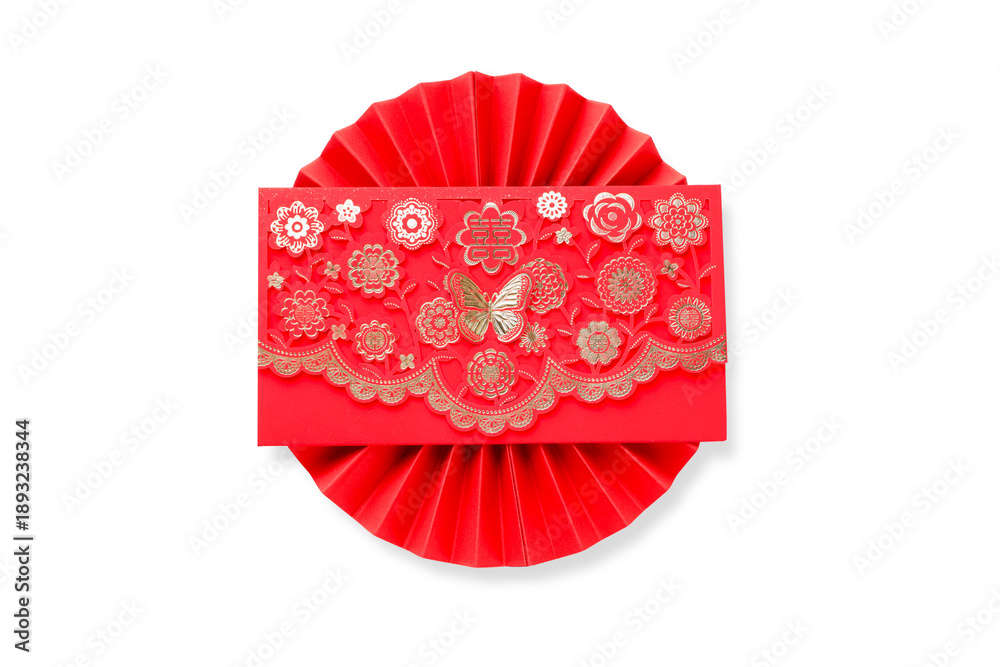 Fototapeta premium Red envelope with gold floral designs, isolated, PNG