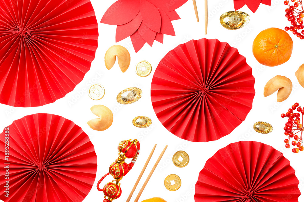 Fototapeta premium Red fans, oranges, cookies, gold coins, decor, isolated, PNG
