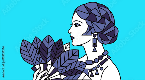 Elegant Art Deco Woman Portrait with Leaf Fan Vector Illustration