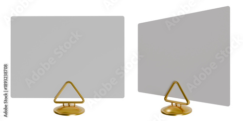 Billede på lærred 3D render  mockup featuring a blank grey card held by a minimalist gold triangular stand