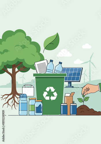 Green recycling bin filled with various recyclable materials surrounded by eco friendly elements promoting sustainable practices and environmental conservation efforts effectively worldwide daily.