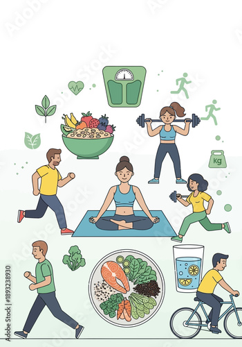People engaging in various fitness activities and healthy eating for overall wellness and a balanced lifestyle.