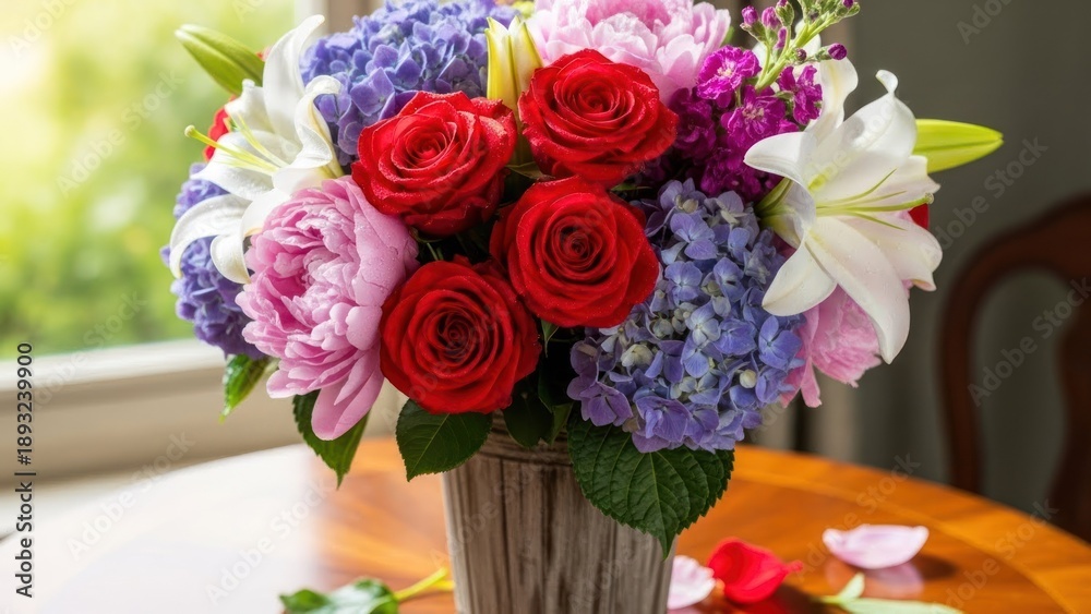 Obraz premium A vibrant flower arrangement with red roses, purple hydrangeas, and white lilies in a wooden vase on a wooden table.