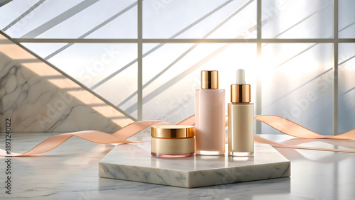 Hyper realistic 3d render of skincare products on marble surface with pink ribbon luxury