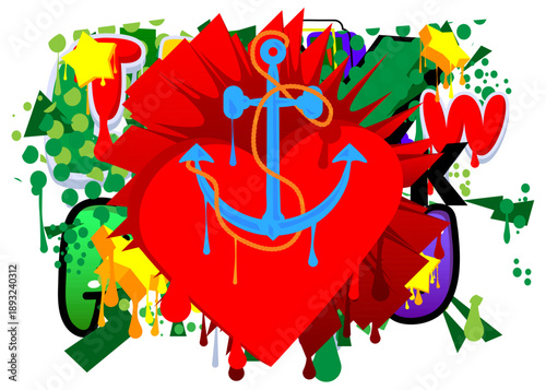 Heart and Anchor graffiti. Abstract modern street art decoration performed in urban painting style.