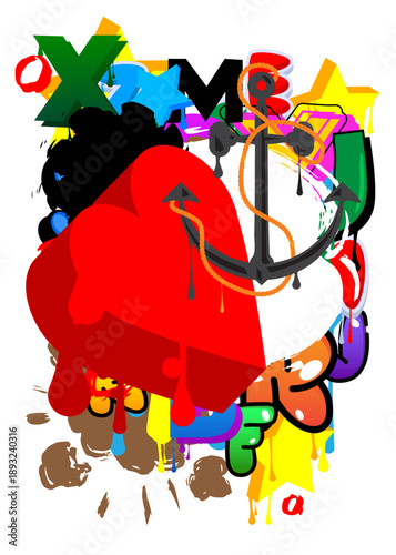 Heart and Anchor graffiti. Abstract modern street art decoration performed in urban painting style.