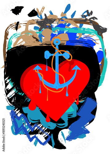 Heart and Anchor graffiti. Abstract modern street art decoration performed in urban painting style.