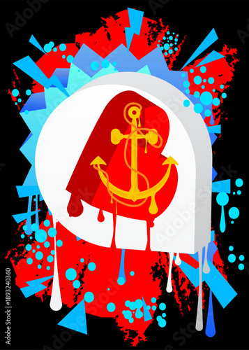 Heart and Anchor graffiti. Abstract modern street art decoration performed in urban painting style.