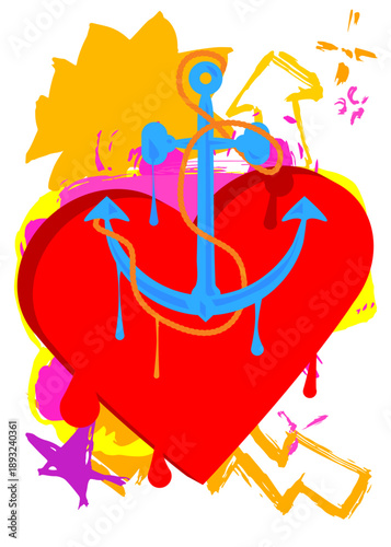 Heart and Anchor graffiti. Abstract modern street art decoration performed in urban painting style.