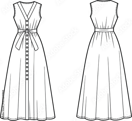 Women Sleeveless V Neck Button Down Maxi Dress Fashion Flat Sketch, Tie Waist Sun Dress Technical Drawing, CAD Apparel Vector