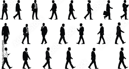 Business people walking silhouette collection showing professional men in suits various poses office workers mobile phone usage modern corporate illustration set