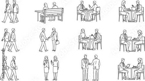 Business people walking, talking, shaking hands, and meeting at tables in professional line art style, corporate teamwork communication illustration