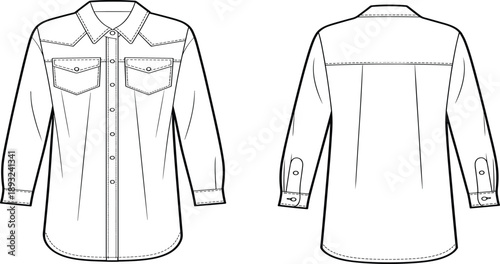 Women Western Denim Shirt Vector Technical Drawing Illustration, Long Sleeve Button Down Blouse with Pocket Details Front and Back View