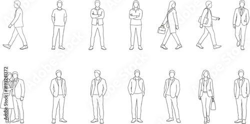 Collection of walking and standing people in minimal line art style, business professionals, casual characters, modern human figure illustrations