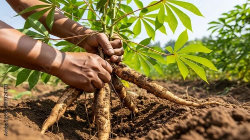 A farmer's hands gently uproot cassava, revealing its starchy roots. Lush green leaves in sun