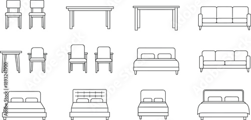 Modern furniture line art collection featuring chairs tables sofas and beds minimal interior design illustrations for home decor layouts and planning