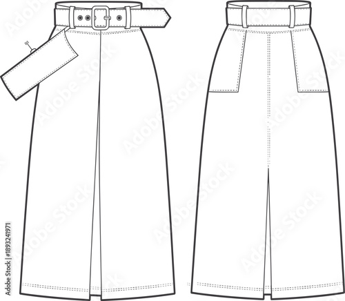 Women White Maxi Skirt with Belt and Front Slit, Technical CAD Drawing Flat Vector Illustration for Fashion Design Apparel Mockup
