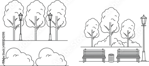 Park trees benches street lamps and landscape elements clean line art illustration for outdoor environment garden planning urban design and scene creation