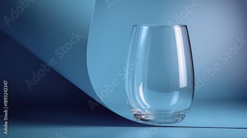 Clear Glass on Blue Surface with Curved Paper Background