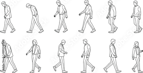 People walking with heads down sad tired thoughtful poses line art illustration of men and women walking slowly for lifestyle design projects