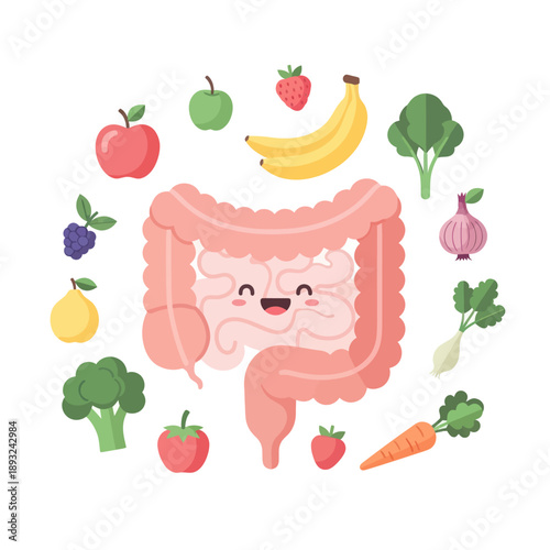 Cartoon Human Digestive System with Fruits Vegetables.
