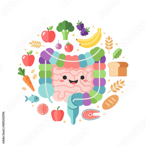 Cartoon Brain Surrounded by Healthy Foods.