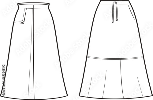 Women's A-line Maxi Skirt with Pocket and Drawstring Waist Mockup, Front and Back View, Apparel Fashion Technical Vector Illustration Template