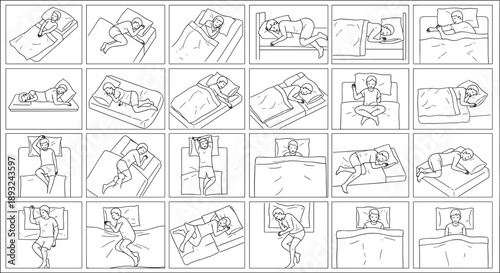 Sleeping positions collection showing people in bed resting, relaxing, lying down, reading, stretching, illustrated line art lifestyle poses set