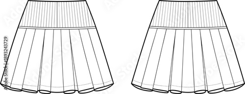 Women's Casual High Waisted Pleated Mini Skirt Mockup, Front and Back View, Apparel Technical Vector Illustration Flat Sketch Template Design