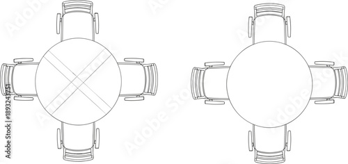 Top view round table and chairs line art illustration for interior layout dining room planning architectural furniture design and floor plan projects