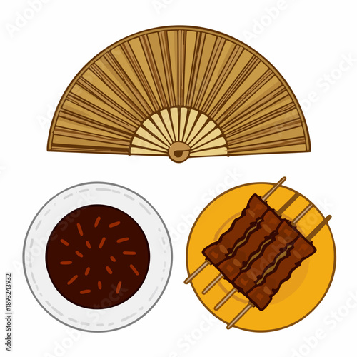 Traditional Indonesian Chicken Satay with Peanut Sauce and Bamboo Fan