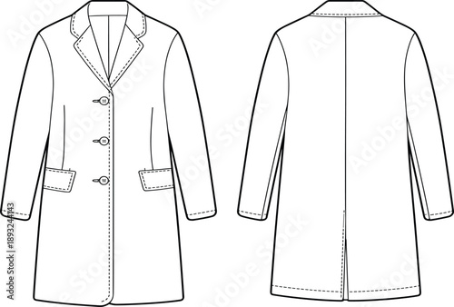 Women's Formal Long Overcoat Mockup, Front and Back View Winter Outerwear, Apparel Fashion Technical Vector Illustration Flat Sketch Template, Design