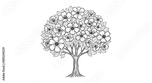 Beautiful Hand Drawn Blooming Tree Illustration.